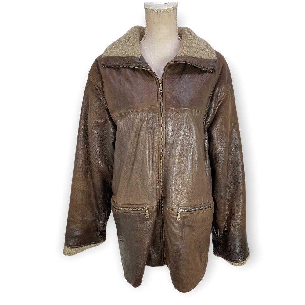 Vakko Leather Aviator Jacket Size S Sherpa Collar Zip‎ Pockets Brown